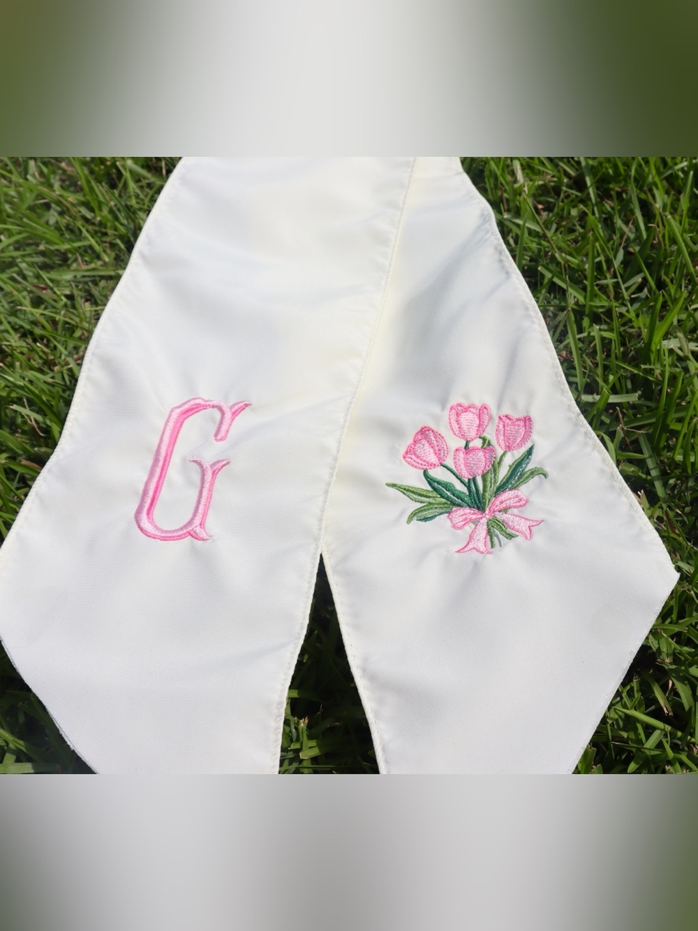 Cream Monogrammed Wreath Sash with Pink Tulip Embroidery
